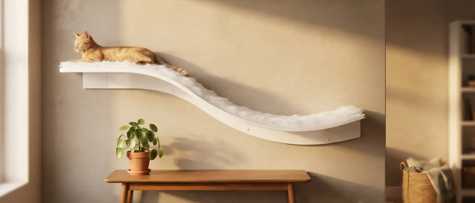 Refined Feline Lotus Branch cat shelf mounted on a small apartment wall